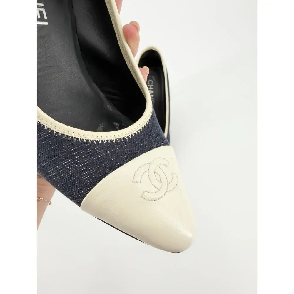 Chanel Chain Heel CC Denim Cap Toe Black Ivory Navy Pumps Block Heel 39 Box